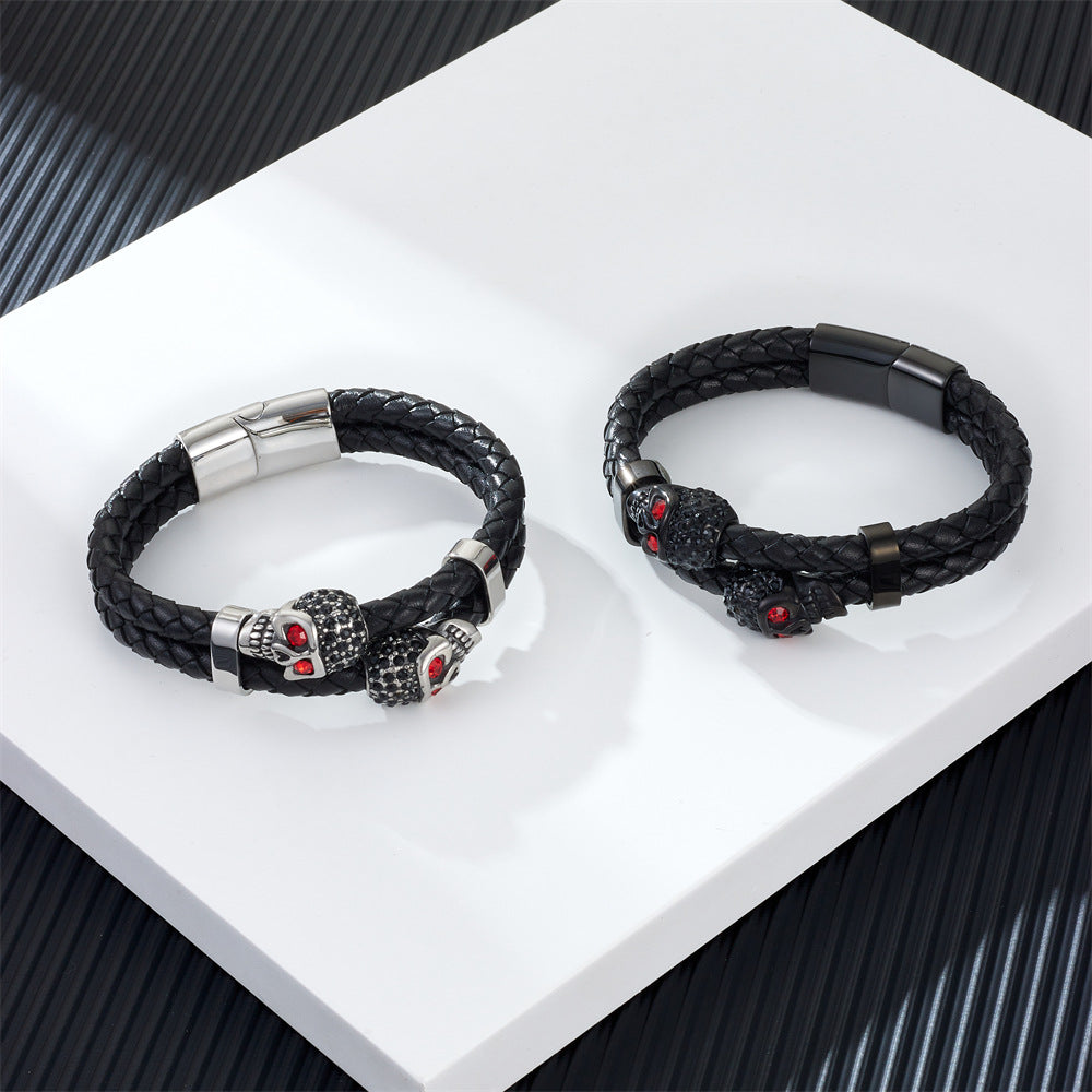 Wholesale Cowhide Stainless Steel Skull Braided Men's Bracelet